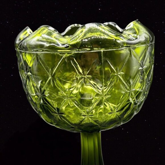 Indiana Art Glass Pedestal Tall Cup Bowl Diamond Avocado Green Duette 9”T 5”W - Picture 4 of 10